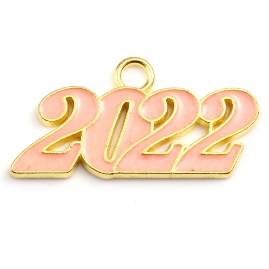 Picture of Zinc Based Alloy Year Pendants Number Gold Plated Peach Pink Message " 2022 " Enamel 38mm x 19mm, 5 PCs