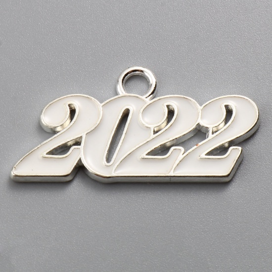 Picture of Zinc Based Alloy Year Pendants Number Silver Plated White Message " 2022 " Enamel 38mm x 19mm, 5 PCs
