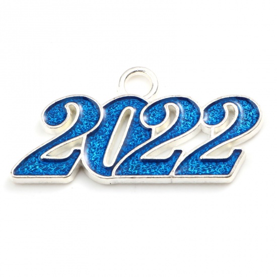 Picture of Zinc Based Alloy Year Pendants Number Silver Plated Blue Message " 2022 " Enamel 38mm x 19mm, 5 PCs