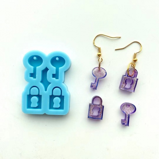 Picture of Silicone Resin Mold For Jewelry Making Pendant Earrings  Lock Key Blue 4.5cm x 3.3cm, 1 Piece