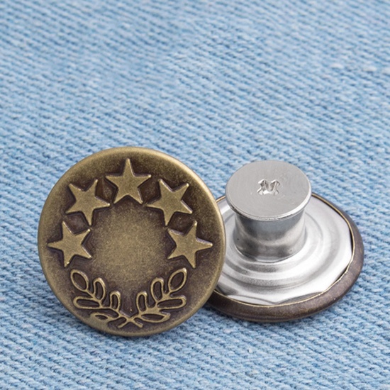 Picture of Zinc Based Alloy Metal Detachable Instant Snap Tack Fastener Adjustable Detachable Retractable Jeans Buttons Pant Waistband Extender Round Bronzed Pentagram Star Carved 17mm Dia., 2 PCs