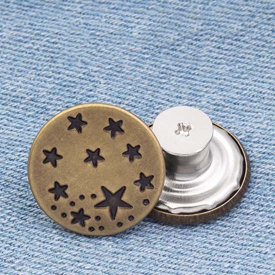 Picture of Zinc Based Alloy Metal Detachable Instant Snap Tack Fastener Adjustable Detachable Retractable Jeans Buttons Pant Waistband Extender Round Bronzed Pentagram Star Carved 17mm Dia., 2 PCs
