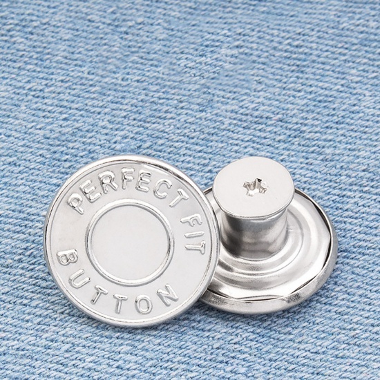 Picture of Zinc Based Alloy Metal Detachable Instant Snap Tack Fastener Adjustable Detachable Retractable Jeans Buttons Pant Waistband Extender Round Silver Tone Message " PERFECT FIT BUTTON " 17mm Dia., 2 PCs