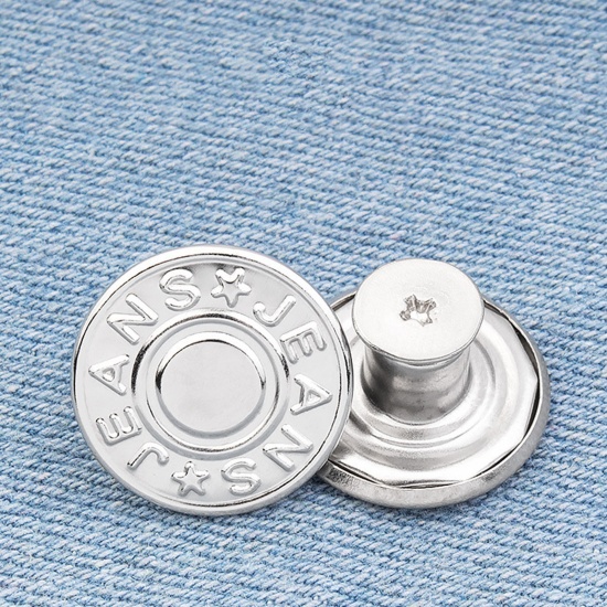 Picture of Zinc Based Alloy Metal Detachable Instant Snap Tack Fastener Adjustable Detachable Retractable Jeans Buttons Pant Waistband Extender Round Silver Tone Message " Adjustable Detachable Retractable Jeans " 17mm Dia., 2 PCs