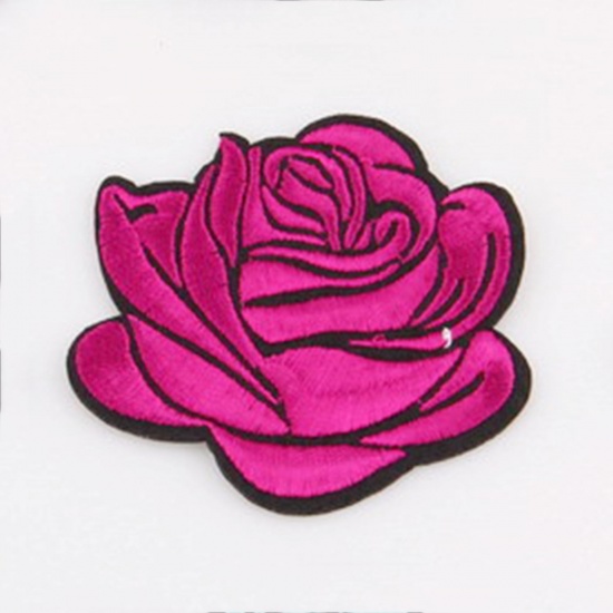 Picture of Fabric Iron On Patches Appliques (With Glue Back) Craft Fuchsia Rose Flower 7.2cm x 6.7cm, 5 PCs