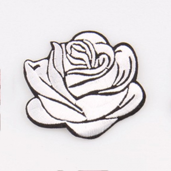 Picture of Fabric Iron On Patches Appliques (With Glue Back) Craft White Rose Flower 7.2cm x 6.7cm, 5 PCs