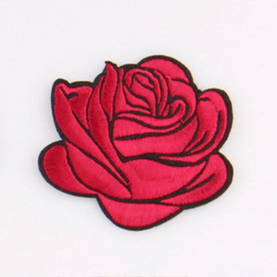 Picture of Fabric Iron On Patches Appliques (With Glue Back) Craft Dark Red Rose Flower 7.2cm x 6.7cm, 5 PCs