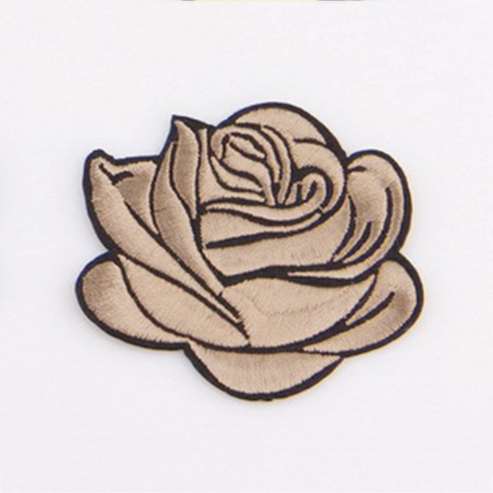 Picture of Fabric Iron On Patches Appliques (With Glue Back) Craft Light Coffee Rose Flower 7.2cm x 6.7cm, 5 PCs