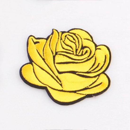 Picture of Fabric Iron On Patches Appliques (With Glue Back) Craft Yellow Rose Flower 7.2cm x 6.7cm, 5 PCs