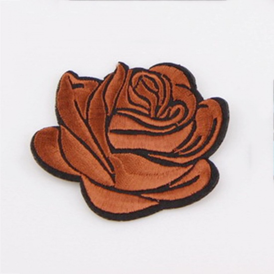 Picture of Fabric Iron On Patches Appliques (With Glue Back) Craft Dark Coffee Rose Flower 7.2cm x 6.7cm, 5 PCs