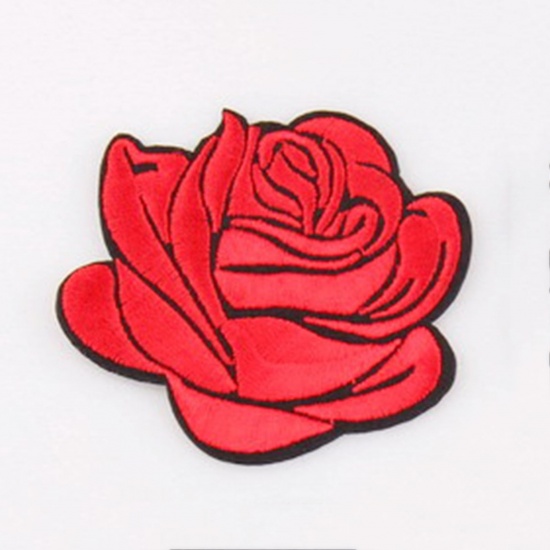 Picture of Fabric Iron On Patches Appliques (With Glue Back) Craft Red Rose Flower 7.2cm x 6.7cm, 5 PCs