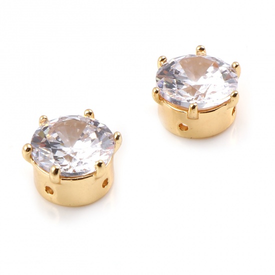 Picture of Copper Beads 18K Real Gold Plated Round Clear Rhinestone About 9mm Dia, Hole: Approx 0.9mm, 2 PCs