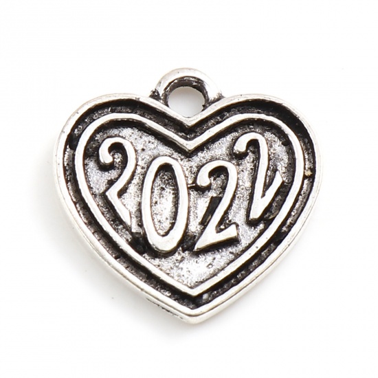 Picture of Zinc Based Alloy Year Connectors Heart Antique Silver Color Number Message " 2022 " 15mm x 15mm, 10 PCs