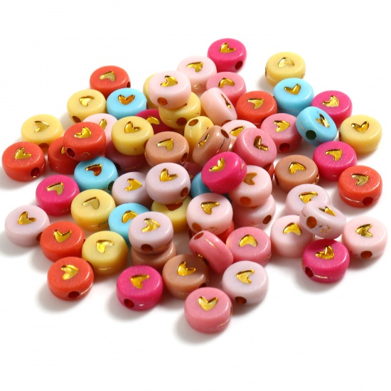 Picture of Acrylic Valentine's Day Flat Round Beads At Random Golden Heart Pattern About 7mm Dia., Hole: Approx 1.8mm, 500 PCs