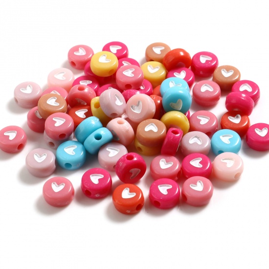 Picture of Acrylic Valentine's Day Flat Round Beads At Random White Heart Pattern About 7mm Dia., Hole: Approx 1.8mm, 500 PCs