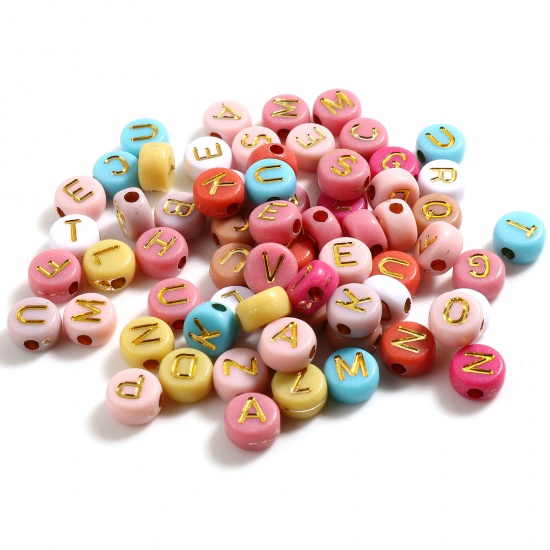 Picture of Acrylic Flat Round Beads At Random Golden Initial Alphabet/ Capital Letter Pattern About 7mm Dia., Hole: Approx 2mm, 500 PCs