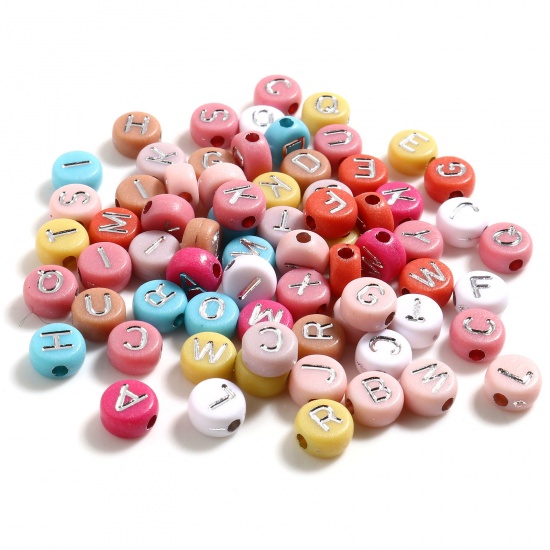 Picture of Acrylic Flat Round Beads At Random Silver Color Initial Alphabet/ Capital Letter Pattern About 7mm Dia., Hole: Approx 2mm, 500 PCs
