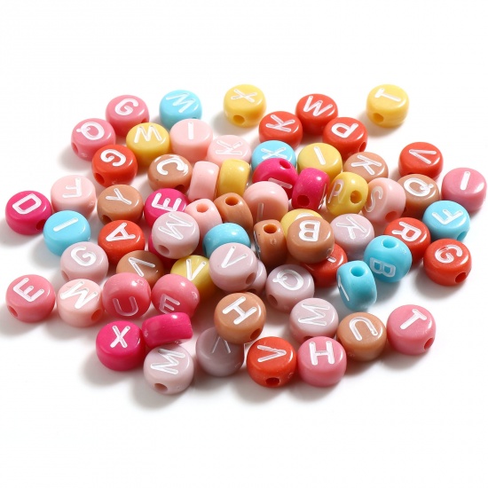 Picture of Acrylic Flat Round Beads At Random White Initial Alphabet/ Capital Letter Pattern About 7mm Dia., Hole: Approx 2mm, 500 PCs