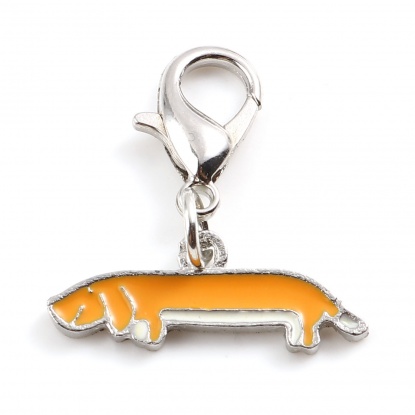 Picture of Zinc Based Alloy Knitting Stitch Markers Charms Dachshund Dog Animal Silver Tone Orange Enamel 29mm x 24mm, 1 Piece