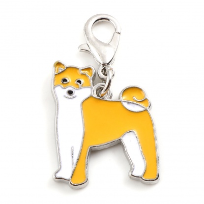 Bild von Zinklegierung Strickmaschenmarkierer Anhänger Shiba Inu Hund Silberfarbe Orange Emaille 36mm x 20mm, 1 Stück