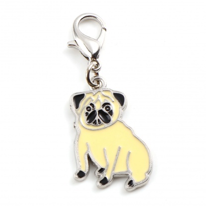Picture of Zinc Based Alloy Knitting Stitch Markers Pendants Pug Dog Silver Tone Yellow Enamel 47mm x 18mm, 1 Piece