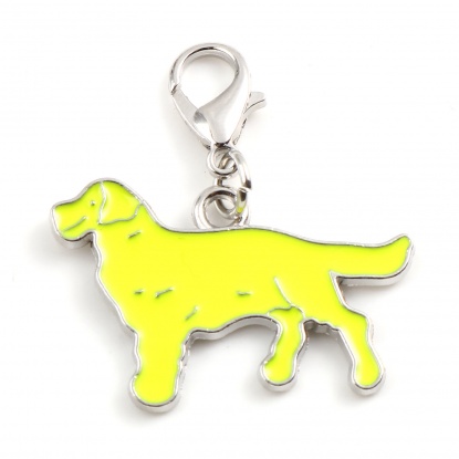 Picture of Zinc Based Alloy Knitting Stitch Markers Pendants Golden Retriever Dog Animal Silver Tone Lemon Yellow Enamel 37mm x 32mm, 1 Piece