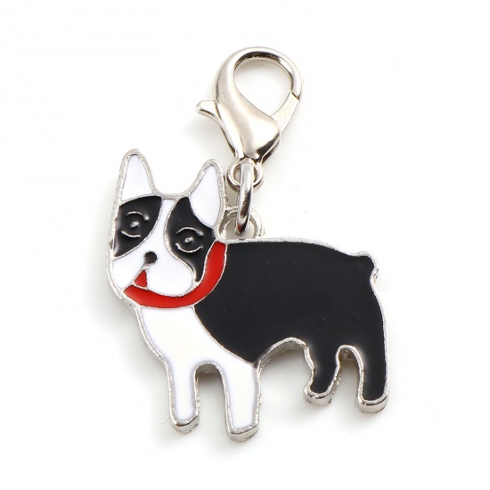Picture of Zinc Based Alloy Knitting Stitch Markers Pendants Bulldog Dog Animal Silver Tone Black & White Enamel 37mm x 22mm, 1 Piece