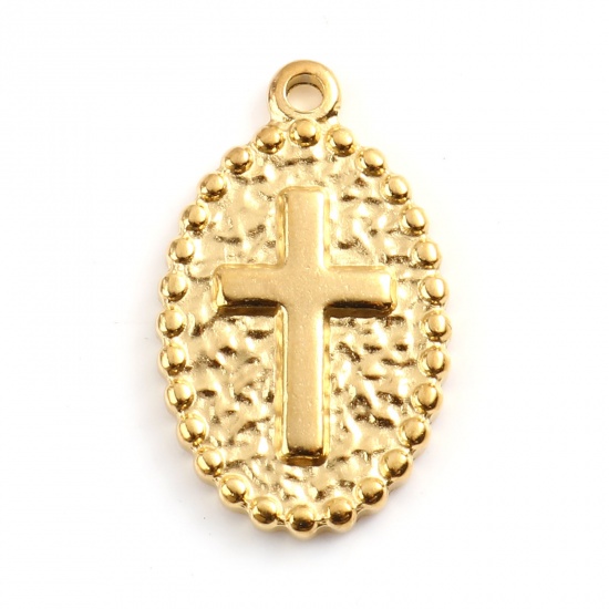 Immagine di Acciaio Inossidabile Religione Charms Ovale Oro Placcato Croce 23mm x 14mm, 1 Pz