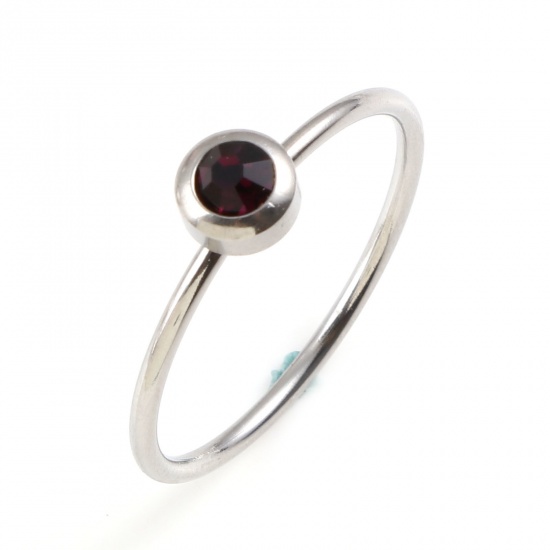 Bild von Edelstahl Monatsstein Uneinstellbar Ring Silberfarbe Ring Februar Dunklelila Strass 16.5mm（US Größe:6), 1 Stück