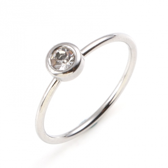 Bild von Edelstahl Monatsstein Uneinstellbar Ring Silberfarbe Ring April Transparent Strass 16.5mm（US Größe:6), 1 Stück