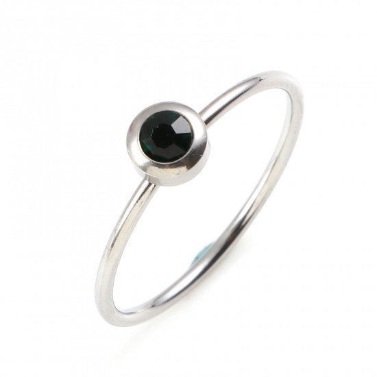 Bild von Edelstahl Monatsstein Uneinstellbar Ring Silberfarbe Ring Mai Dunkelgrün Strass 16.5mm（US Größe:6), 1 Stück