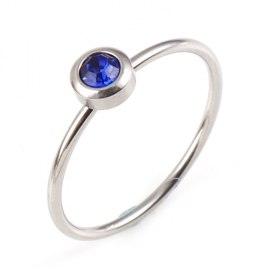 Bild von Edelstahl Monatsstein Uneinstellbar Ring Silberfarbe Ring September Saphirblau Strass 16.5mm（US Größe:6), 1 Stück