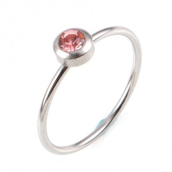 Bild von Edelstahl Monatsstein Uneinstellbar Ring Silberfarbe Ring Oktober Rosa Strass 16.5mm（US Größe:6), 1 Stück