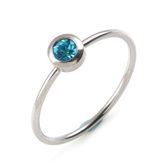Bild von Edelstahl Monatsstein Uneinstellbar Ring Silberfarbe Ring März Saphir Strass 16.5mm（US Größe:6), 1 Stück