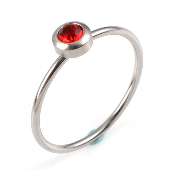 Picture of Stainless Steel Birthstone Unadjustable Rings Silver Tone Circle Ring July Red Rhinestone 18.1mm(US Size 8), 1 Piece