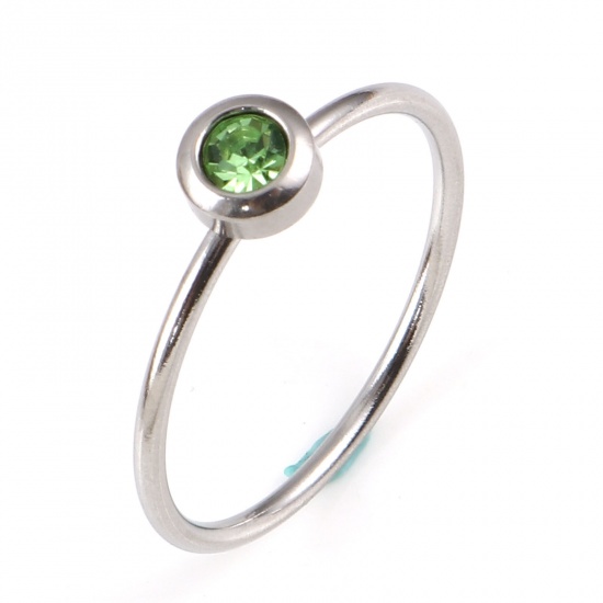 Picture of Stainless Steel Birthstone Unadjustable Rings Silver Tone Circle Ring August Green Rhinestone 18.1mm(US Size 8), 1 Piece