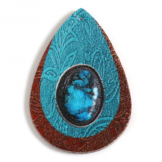 Picture of PU Leather Boho Chic Bohemia Pendants Drop Turquoise Pattern Green Blue Flower 5.5cm x 3.8cm, 5 PCs