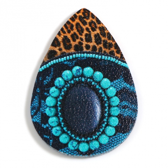 Picture of PU Leather Boho Chic Bohemia Pendants Drop Turquoise Pattern Multicolor Oval 5.5cm x 3.8cm, 5 PCs