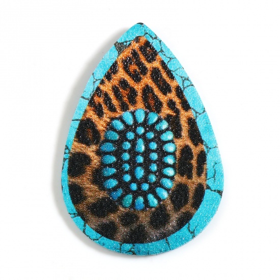 Picture of PU Leather Boho Chic Bohemia Pendants Drop Turquoise Pattern Brown Leopard Print 5.5cm x 3.8cm, 5 PCs