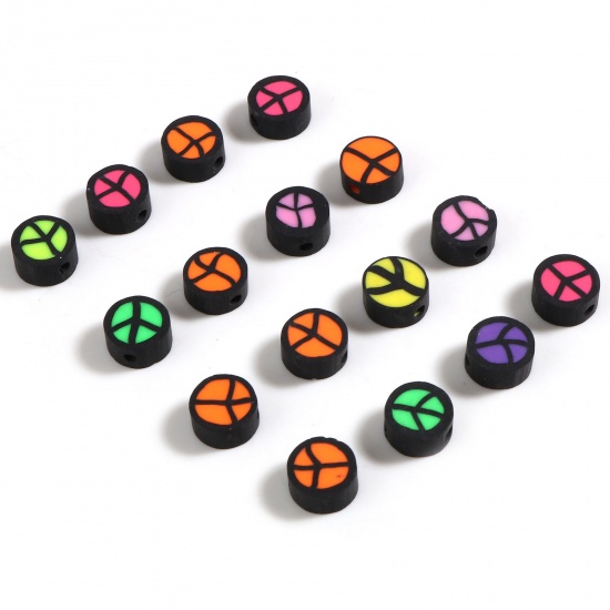Picture of Polymer Clay Beads Round At Random Color Peace Symbol Pattern About 9mm Dia, Hole: Approx 2.4mm, 100 PCs