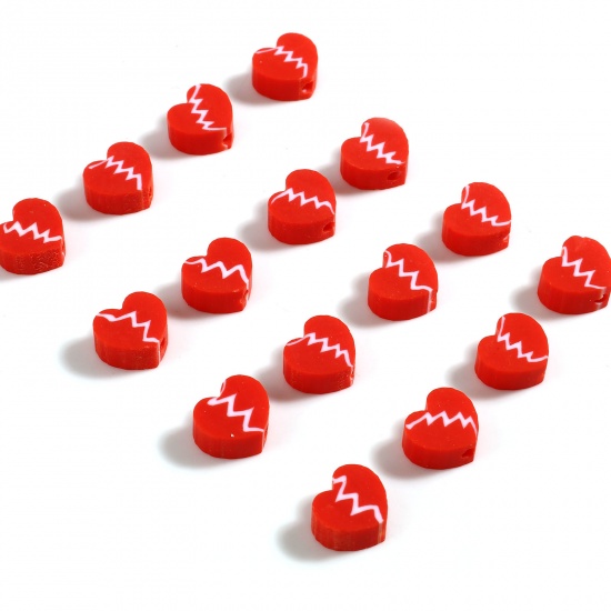 Picture of Polymer Clay Valentine's Day Beads Heart White & Red Streak Pattern About 9mm x 8mm, Hole: Approx 2.2mm, 100 PCs