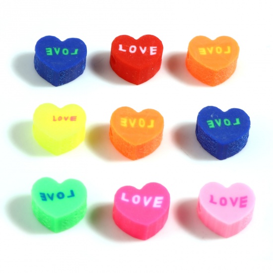 Picture of Polymer Clay Valentine's Day Beads Heart At Random Color Love Symbol Pattern About 9mm x 8mm, Hole: Approx 2.1mm, 100 PCs