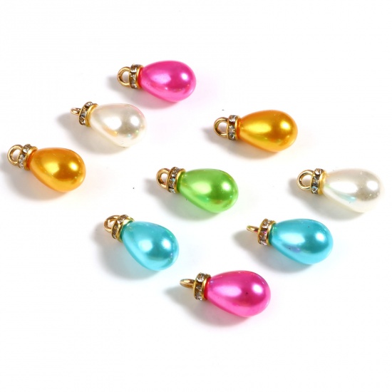 Picture of Acrylic Charms Drop Gold Plated At Random Color Clear Rhinestone 20mm x 10mm, 20 PCs