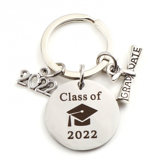 Picture of Stainless Steel Year College Jewelry Keychain & Keyring Diploma Silver Tone Trencher Cap Message " Class of 2022 " 5.1cm, 1 Piece