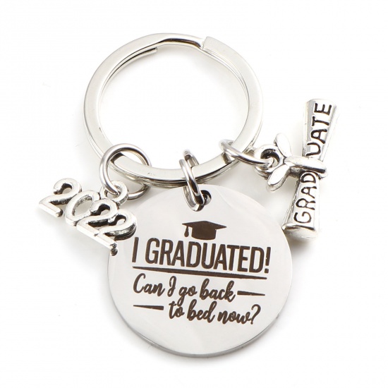 Picture of Stainless Steel Year College Jewelry Keychain & Keyring Diploma Silver Tone Trencher Cap 2022 Message " I GRADUATED " 5.1cm, 1 Piece