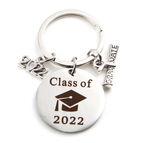 Picture of Stainless Steel Year College Jewelry Keychain & Keyring Diploma Graduate Gift Silver Tone Trencher Cap 2022 Message " Class of 2022 " 6.2cm, 1 Piece