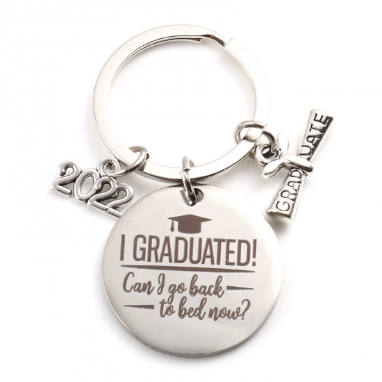 Picture of Stainless Steel Year College Jewelry Keychain & Keyring Diploma Graduate Gift Silver Tone Trencher Cap 2022 Message " I GRADUATED " 6.2cm, 1 Piece