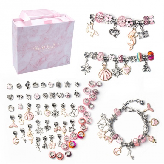 Picture of Zinc Based Alloy & Glass European Style Large Hole Charm Beads And Large Hole Charm Dangle Beads Set Pink Horse Animal Flower 16cm - 0.9cm x 0.9cm, Hole: Approx 5.4mm-4.5mm, 1 Set