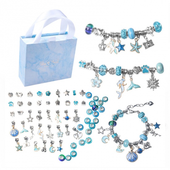 Picture of DIY Charm Bracelet Jewelry Making Kit For Teen Girls Handmade Craft Materials Accessories Blue Horse Animal Flower 16cm - 0.9cm x 0.9cm, Hole: Approx 5.4mm-4.5mm, 1 Set