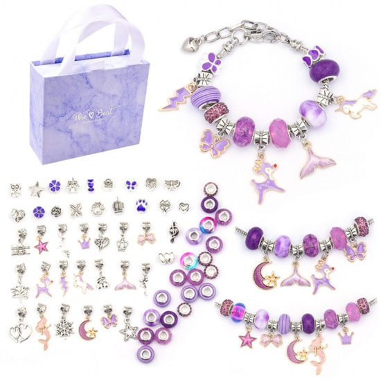 Picture of DIY Charm Bracelet Jewelry Making Kit For Teen Girls Handmade Craft Materials Accessories Purple Fishtail Butterfly 16cm - 0.9cm x 0.9cm, Hole: Approx 5.4mm-4.5mm, 1 Set